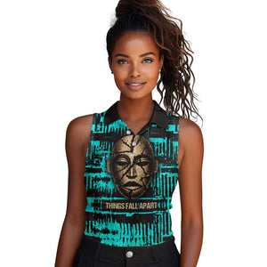 Chinua Achebe Women Sleeveless Polo Shirt with Tribal Mask Design, Things Fall Apart Quote and Teal Abstract - African Pride