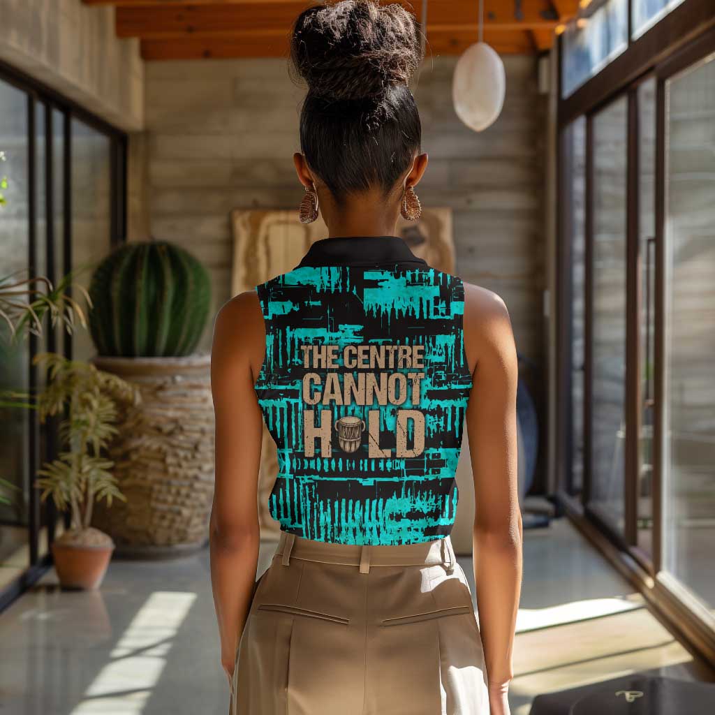 Chinua Achebe Women Sleeveless Polo Shirt with Tribal Mask Design, Things Fall Apart Quote and Teal Abstract - African Pride