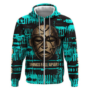 Chinua Achebe Zip Hoodie with Tribal Mask Design, Things Fall Apart Quote and Teal Abstract - African Pride