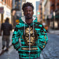 Chinua Achebe Zip Hoodie with Tribal Mask Design, Things Fall Apart Quote and Teal Abstract - African Pride