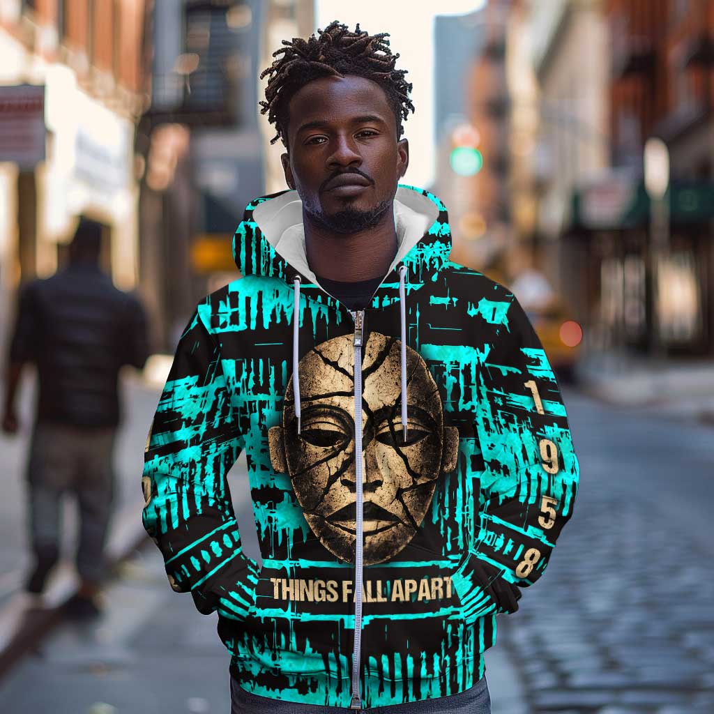 Chinua Achebe Zip Hoodie with Tribal Mask Design, Things Fall Apart Quote and Teal Abstract - African Pride