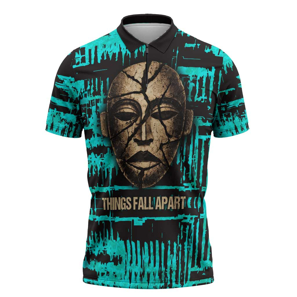 Chinua Achebe Zipper Polo Shirt with Tribal Mask Design, Things Fall Apart Quote and Teal Abstract - African Pride