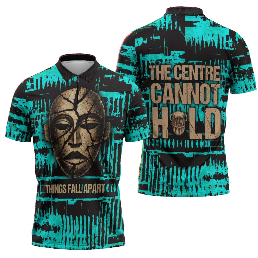 Chinua Achebe Zipper Polo Shirt with Tribal Mask Design, Things Fall Apart Quote and Teal Abstract - African Pride