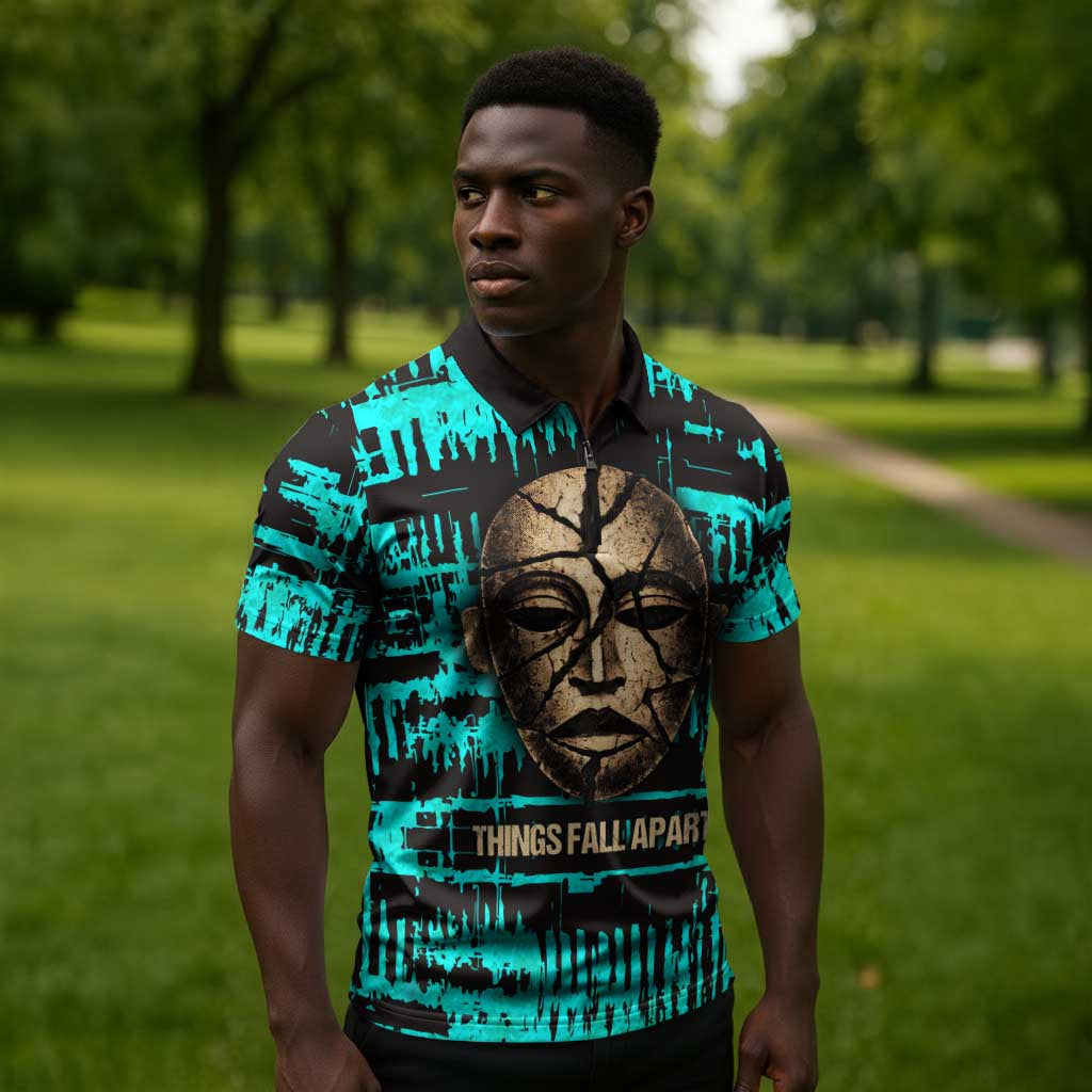 Chinua Achebe Zipper Polo Shirt with Tribal Mask Design, Things Fall Apart Quote and Teal Abstract - African Pride
