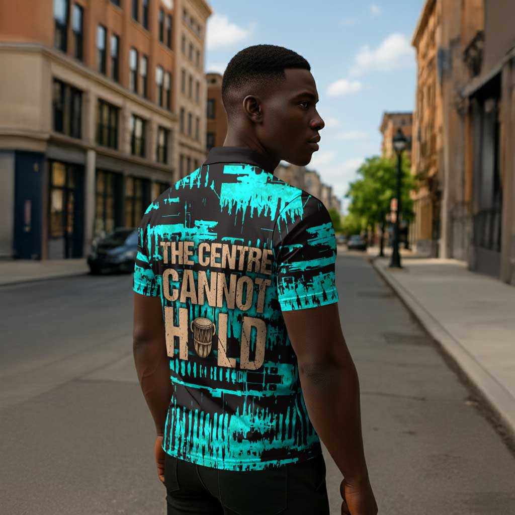 Chinua Achebe Zipper Polo Shirt with Tribal Mask Design, Things Fall Apart Quote and Teal Abstract - African Pride