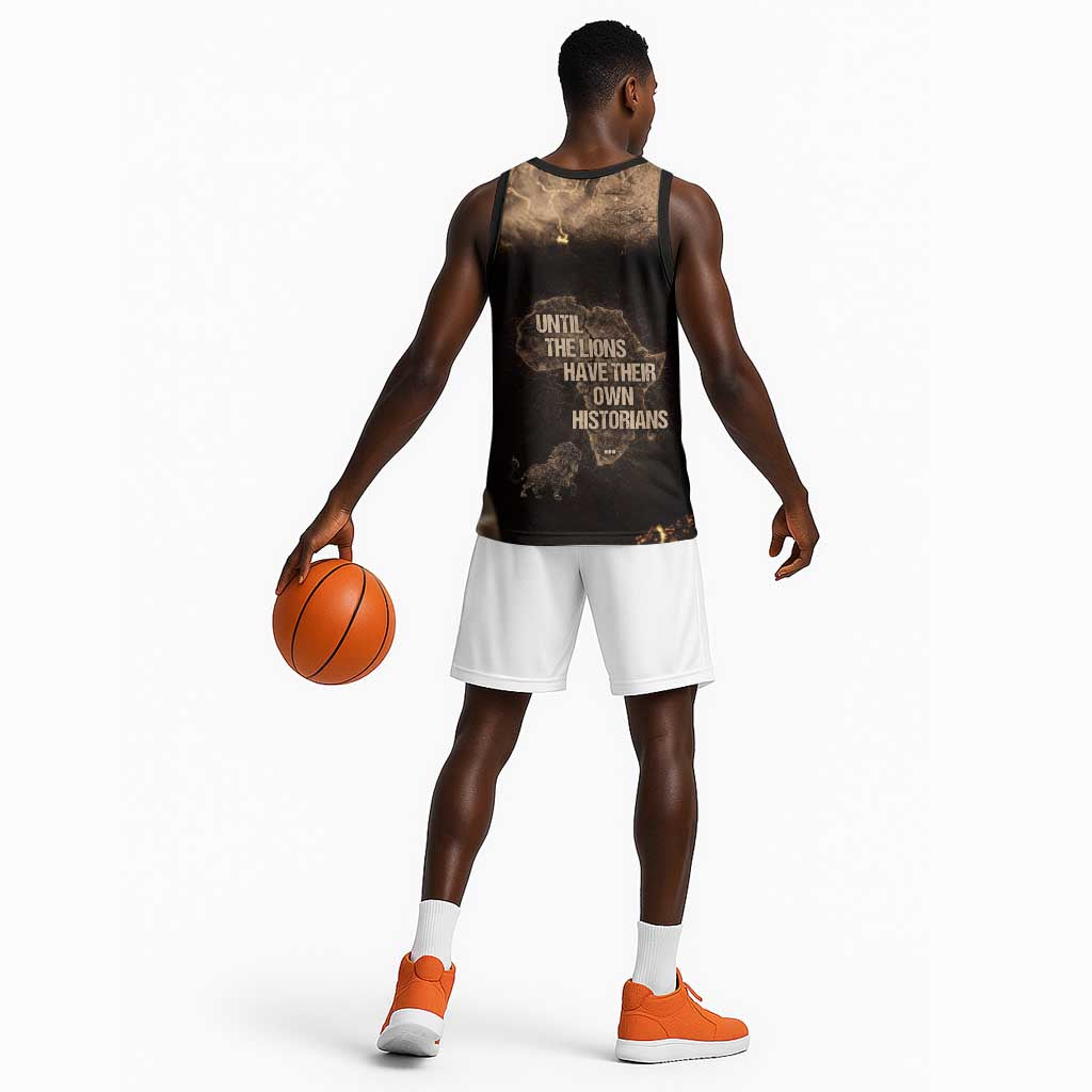 Chinua Achebe Basketball Jersey with Sepia Portrait, Lion Historians Quote and Vintage African Map - African Pride