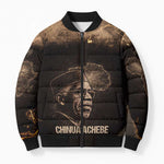 Chinua Achebe Bomber Puffer Jacket with Sepia Portrait, Lion Historians Quote and Vintage African Map - African Pride