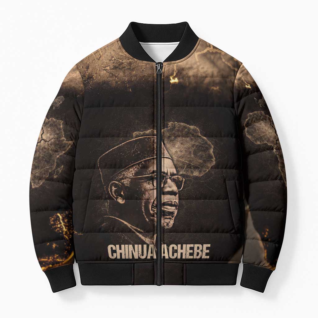 Chinua Achebe Bomber Puffer Jacket with Sepia Portrait, Lion Historians Quote and Vintage African Map - African Pride