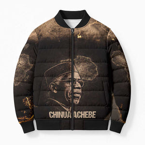 Chinua Achebe Bomber Puffer Jacket with Sepia Portrait, Lion Historians Quote and Vintage African Map - African Pride