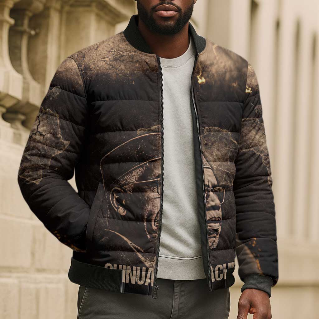 Chinua Achebe Bomber Puffer Jacket with Sepia Portrait, Lion Historians Quote and Vintage African Map - African Pride