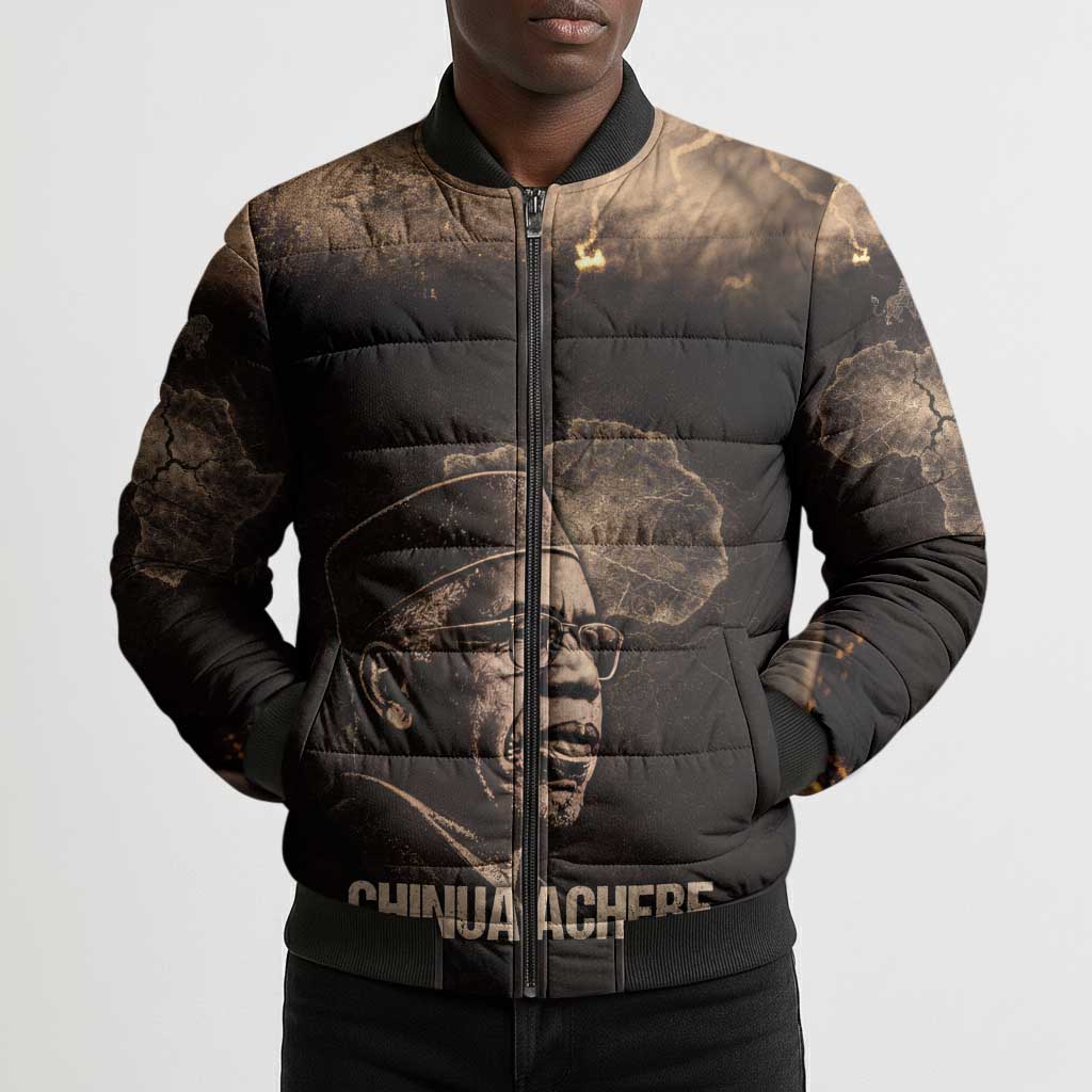 Chinua Achebe Bomber Puffer Jacket with Sepia Portrait, Lion Historians Quote and Vintage African Map - African Pride