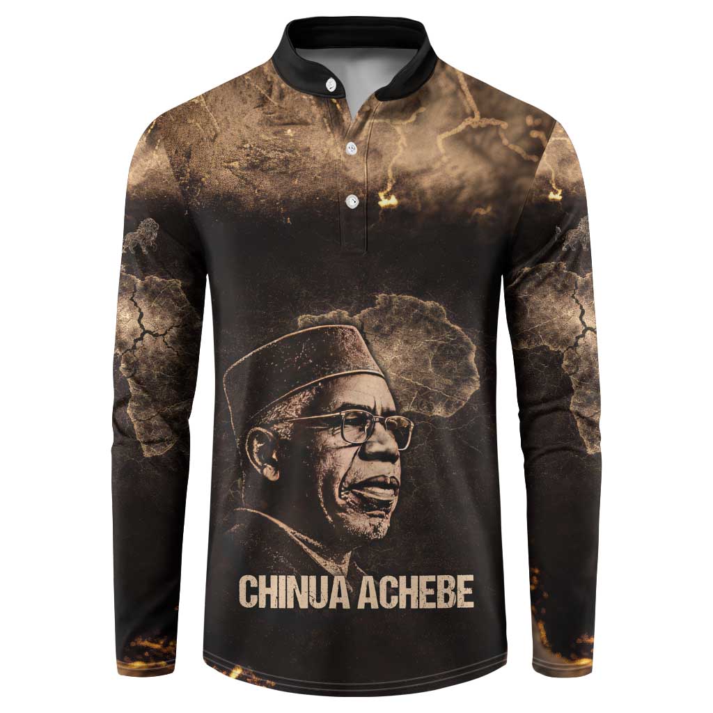 Chinua Achebe Button Sweatshirt with Sepia Portrait, Lion Historians Quote and Vintage African Map
