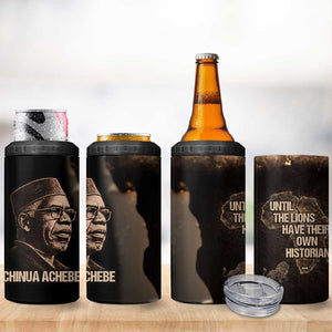 Chinua Achebe 4 in 1 Can Cooler Tumbler with Sepia Portrait, Lion Historians Quote and Vintage African Map - African Pride