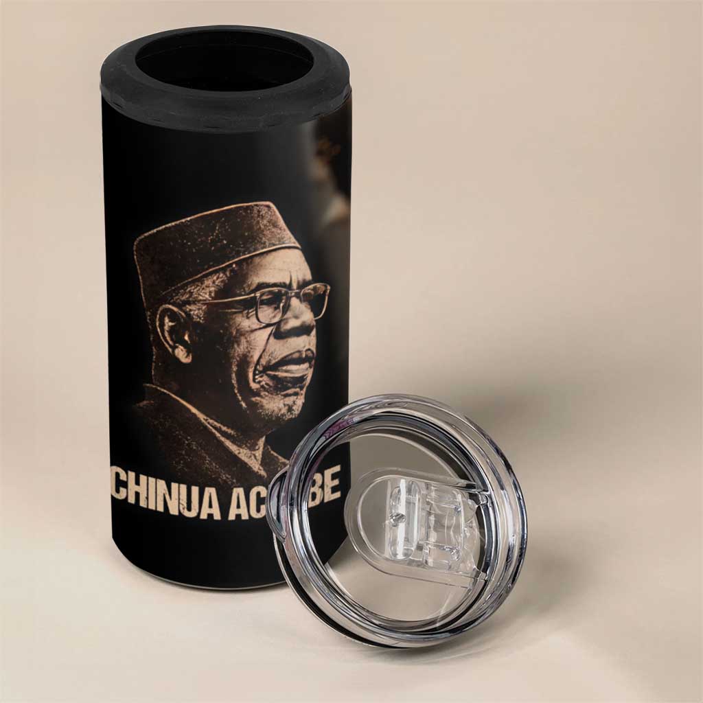Chinua Achebe 4 in 1 Can Cooler Tumbler with Sepia Portrait, Lion Historians Quote and Vintage African Map - African Pride