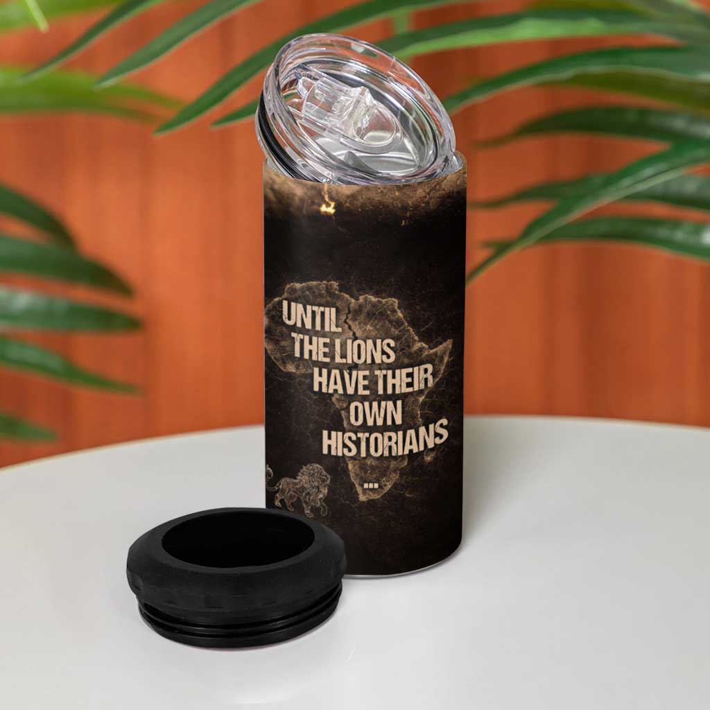 Chinua Achebe 4 in 1 Can Cooler Tumbler with Sepia Portrait, Lion Historians Quote and Vintage African Map - African Pride