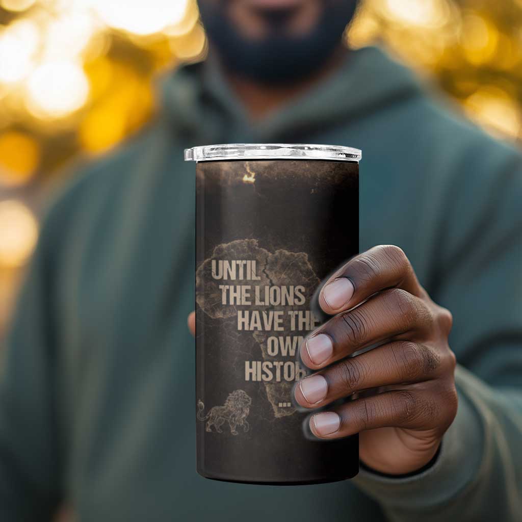 Chinua Achebe 4 in 1 Can Cooler Tumbler with Sepia Portrait, Lion Historians Quote and Vintage African Map - African Pride
