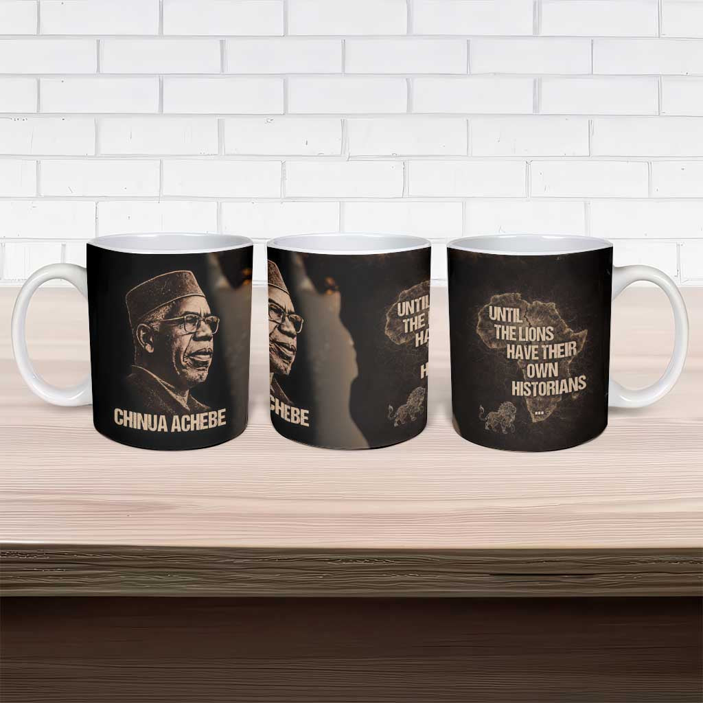 Chinua Achebe Ceramic Mug with Sepia Portrait, Lion Historians Quote and Vintage African Map - African Pride