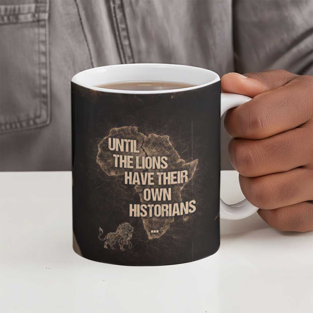 Chinua Achebe Ceramic Mug with Sepia Portrait, Lion Historians Quote and Vintage African Map - African Pride