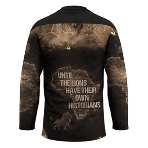Chinua Achebe Hockey Jersey with Sepia Portrait, Lion Historians Quote and Vintage African Map - African Pride