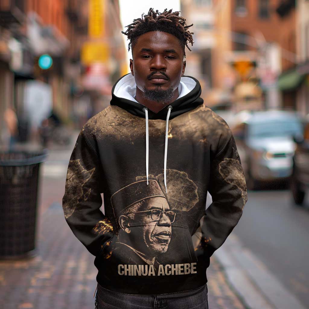 Chinua Achebe Hoodie with Sepia Portrait, Lion Historians Quote and Vintage African Map - African Pride