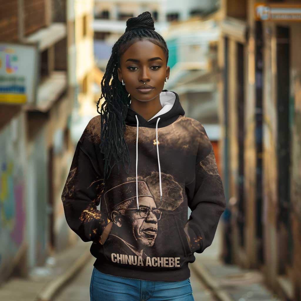 Chinua Achebe Hoodie with Sepia Portrait, Lion Historians Quote and Vintage African Map - African Pride
