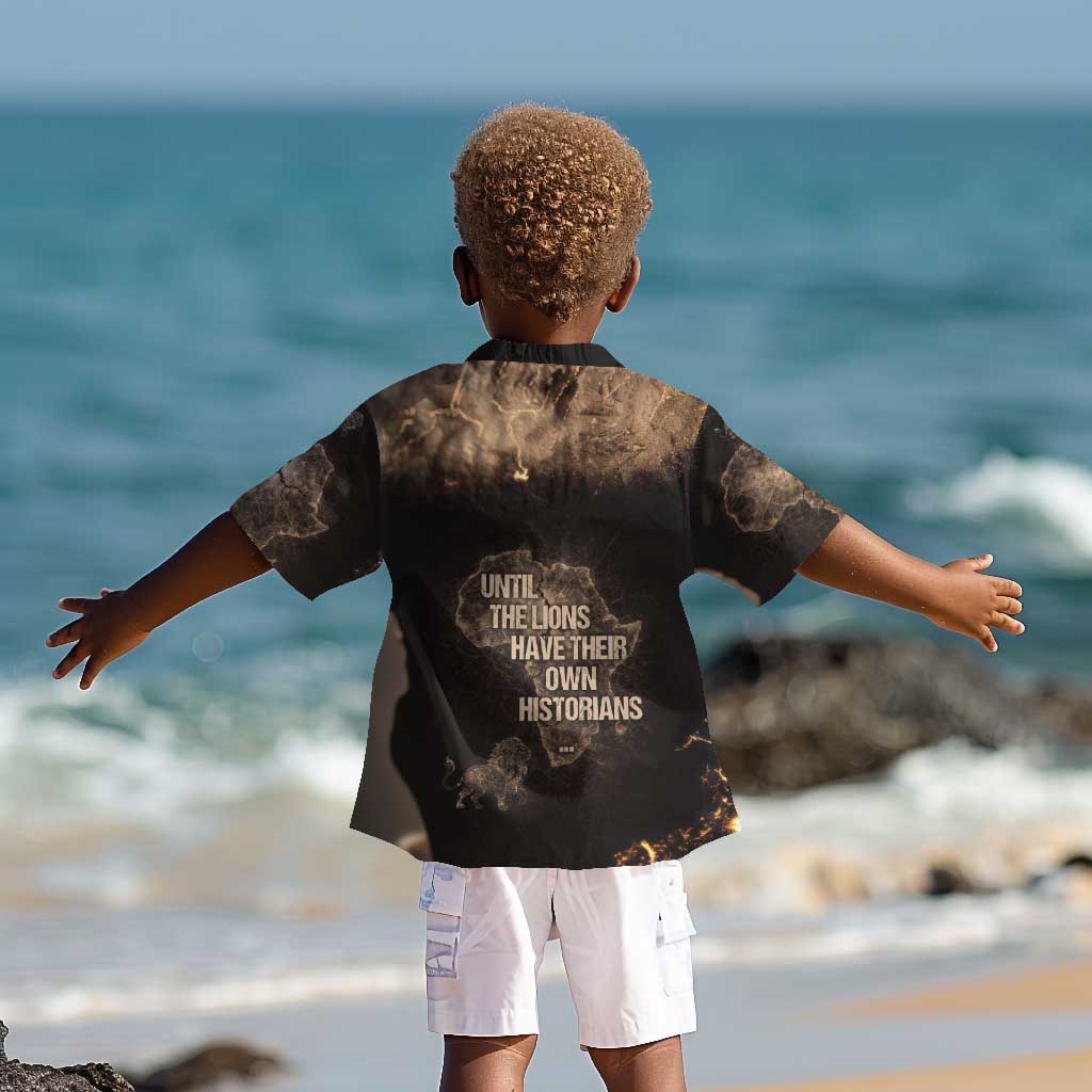 Chinua Achebe Kid Hawaiian Shirt with Sepia Portrait, Lion Historians Quote and Vintage African Map - African Pride