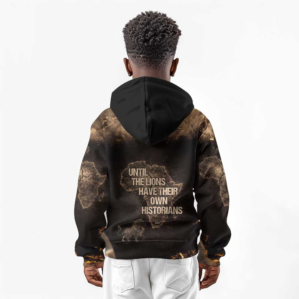 Chinua Achebe Kid Hoodie with Sepia Portrait, Lion Historians Quote and Vintage African Map - African Pride