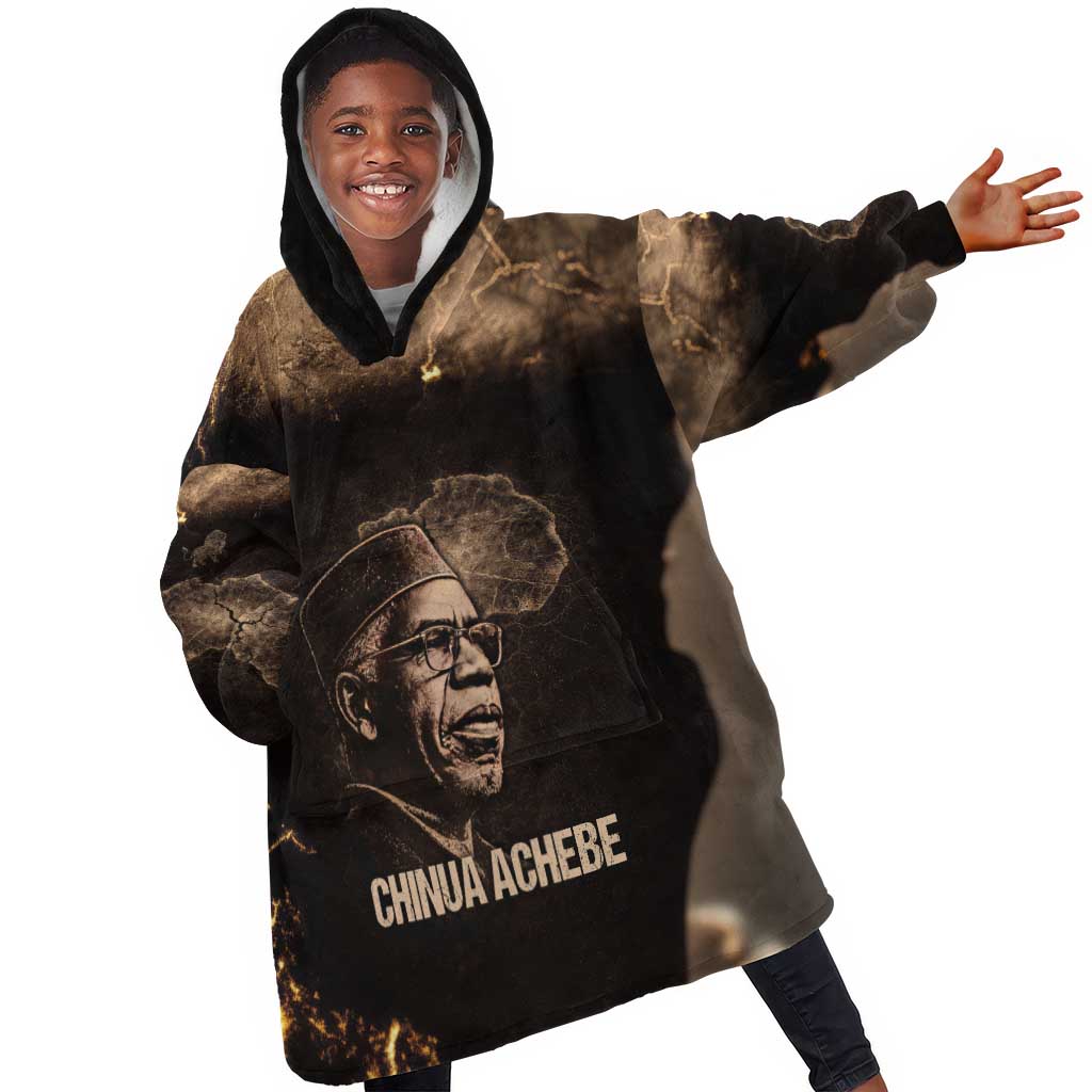 Chinua Achebe Kid Wearable Blanket Hoodie with Sepia Portrait, Lion Historians Quote and Vintage African Map - African Pride