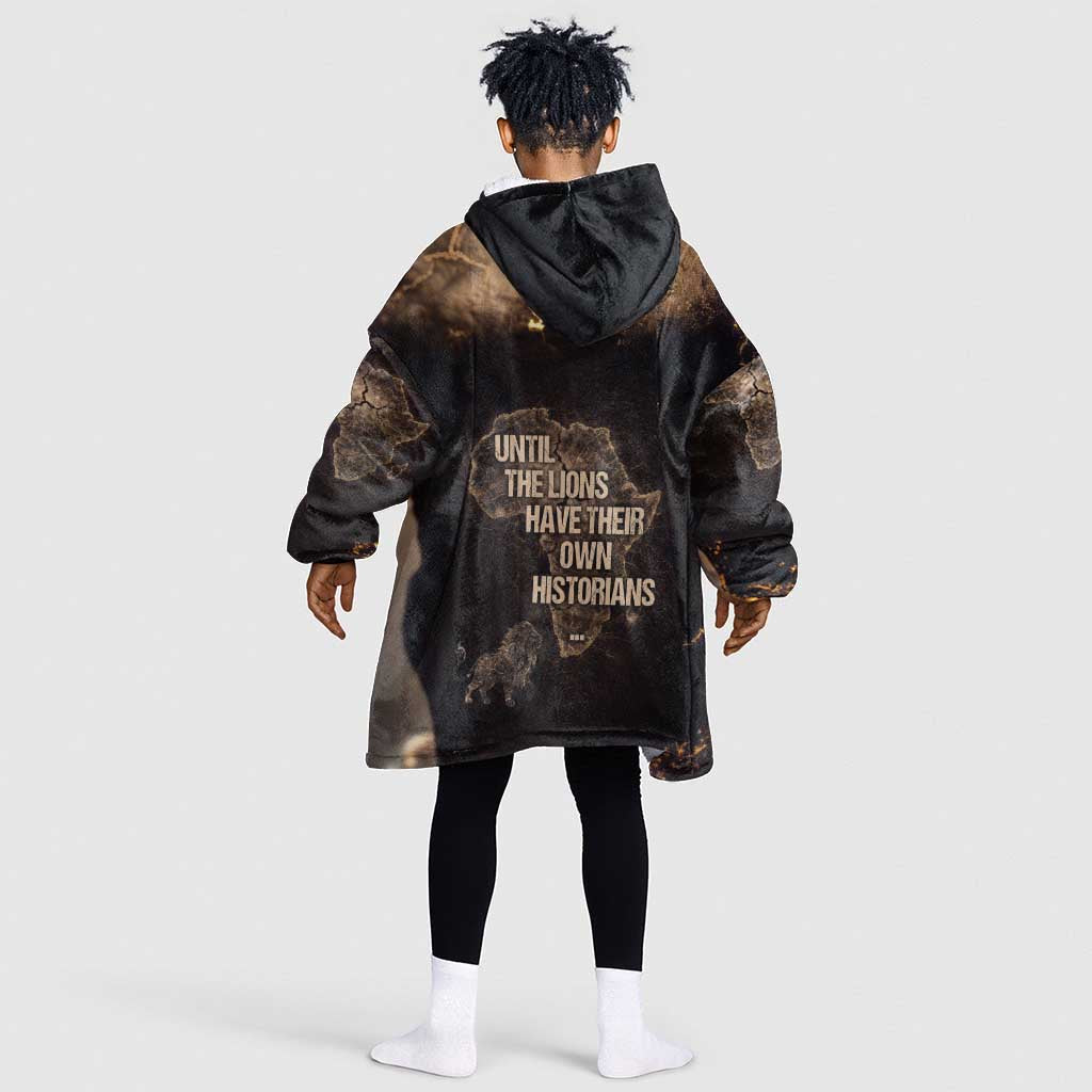 Chinua Achebe Kid Wearable Blanket Hoodie with Sepia Portrait, Lion Historians Quote and Vintage African Map - African Pride