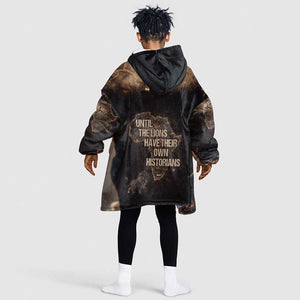 Chinua Achebe Kid Wearable Blanket Hoodie with Sepia Portrait, Lion Historians Quote and Vintage African Map - African Pride