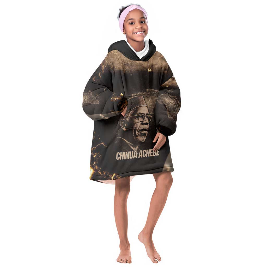 Chinua Achebe Kid Wearable Blanket Hoodie with Sepia Portrait, Lion Historians Quote and Vintage African Map - African Pride