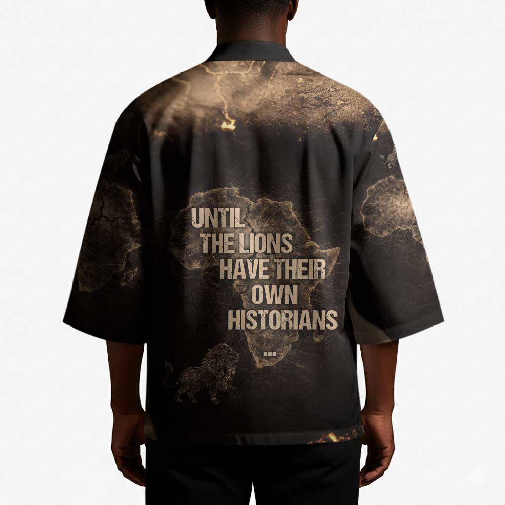 Chinua Achebe Kimono with Sepia Portrait, Lion Historians Quote and Vintage African Map - African Pride