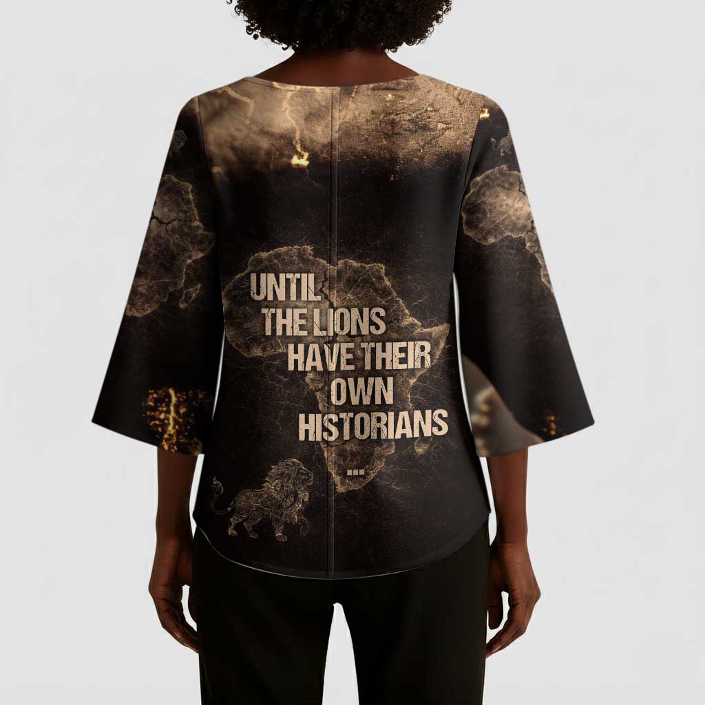 Chinua Achebe Kimono Sleeve Blouse with Sepia Portrait, Lion Historians Quote and Vintage African Map - African Pride