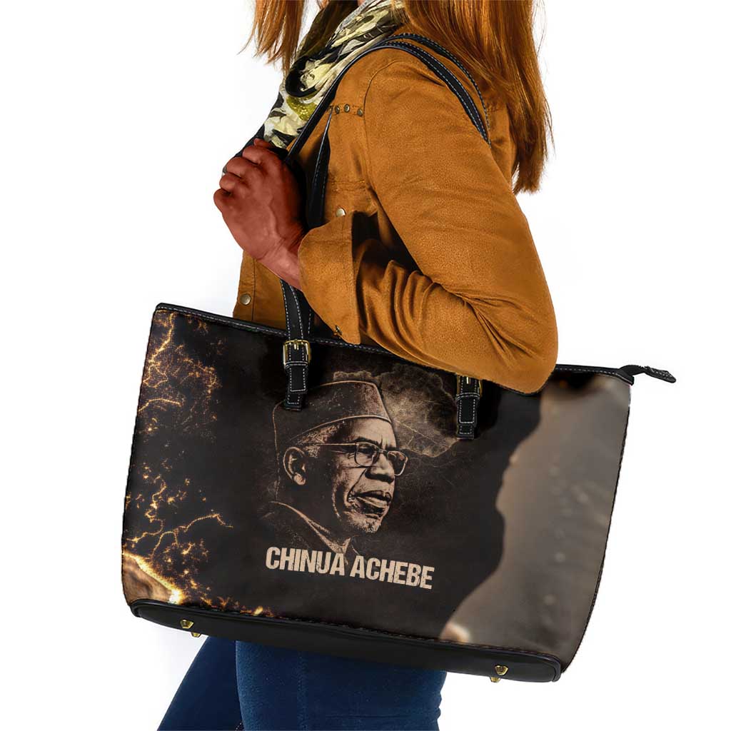 Chinua Achebe Leather Tote Bag with Sepia Portrait, Lion Historians Quote and Vintage African Map - African Pride
