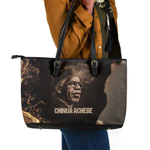 Chinua Achebe Leather Tote Bag with Sepia Portrait, Lion Historians Quote and Vintage African Map - African Pride