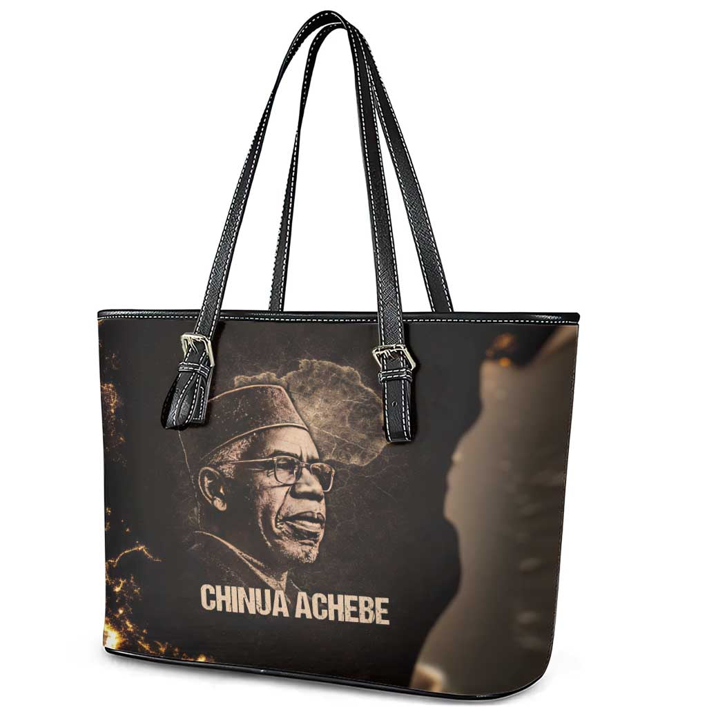 Chinua Achebe Leather Tote Bag with Sepia Portrait, Lion Historians Quote and Vintage African Map - African Pride
