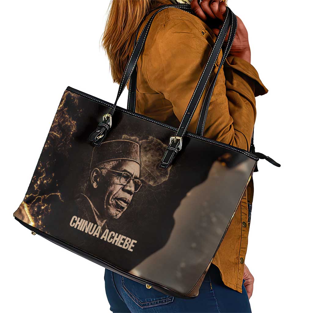 Chinua Achebe Leather Tote Bag with Sepia Portrait, Lion Historians Quote and Vintage African Map - African Pride