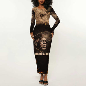 Chinua Achebe Long Sleeve Bodycon Dress with Sepia Portrait, Lion Historians Quote and Vintage African Map - African Pride