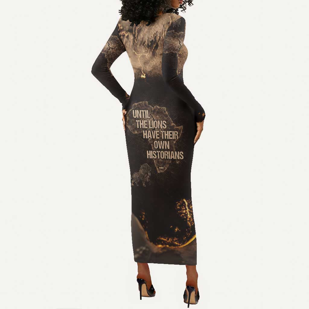 Chinua Achebe Long Sleeve Bodycon Dress with Sepia Portrait, Lion Historians Quote and Vintage African Map - African Pride