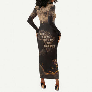 Chinua Achebe Long Sleeve Bodycon Dress with Sepia Portrait, Lion Historians Quote and Vintage African Map - African Pride