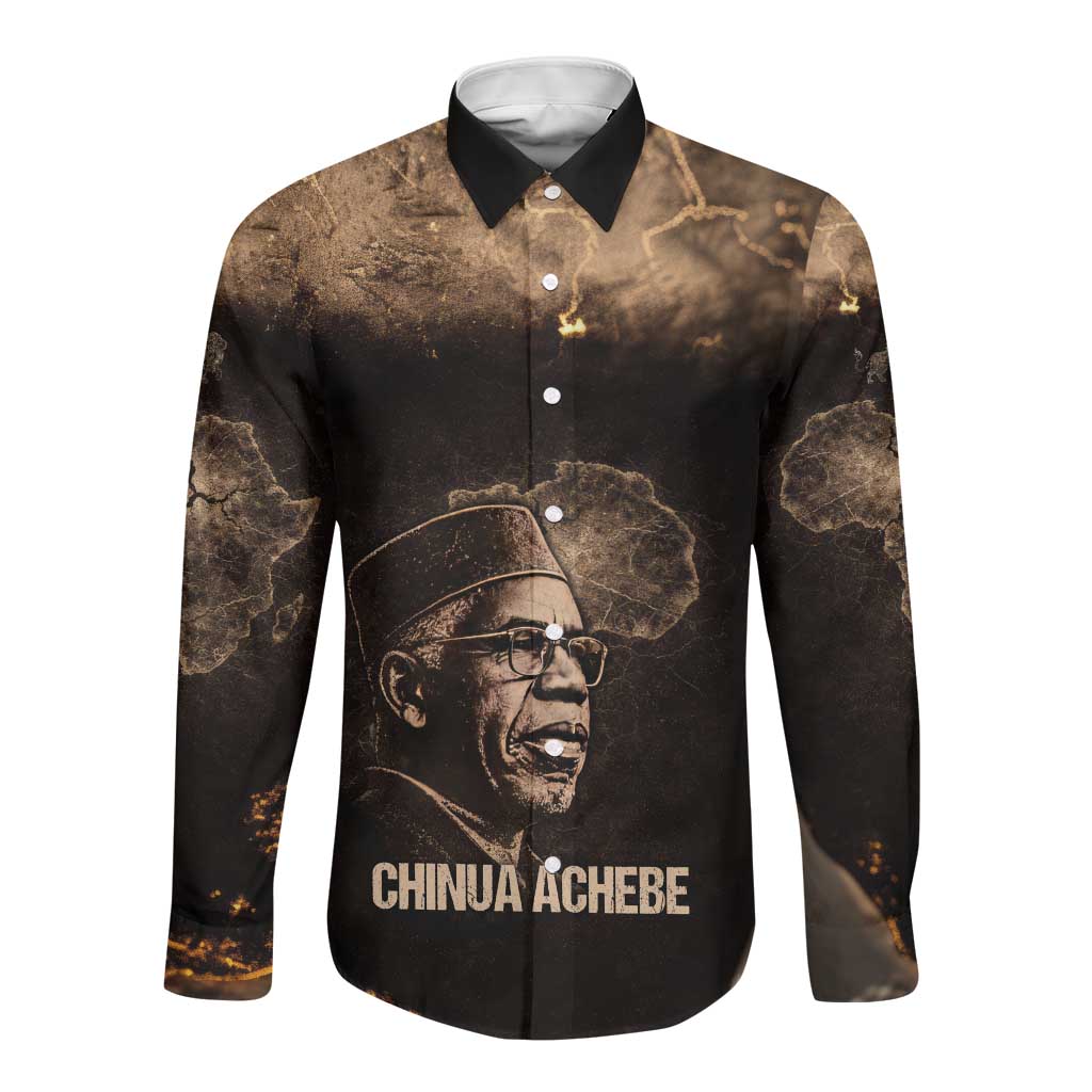 Chinua Achebe Long Sleeve Button Shirt with Sepia Portrait, Lion Historians Quote and Vintage African Map - African Pride