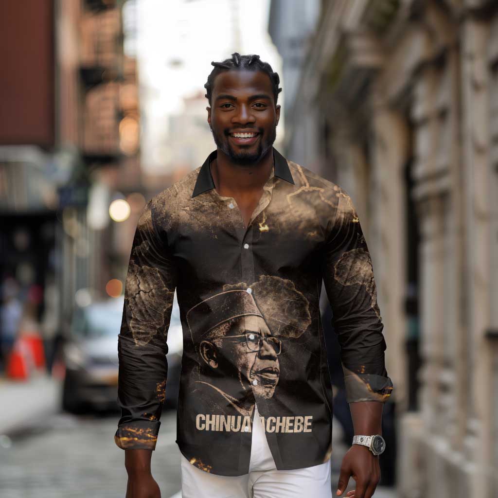 Chinua Achebe Long Sleeve Button Shirt with Sepia Portrait, Lion Historians Quote and Vintage African Map - African Pride