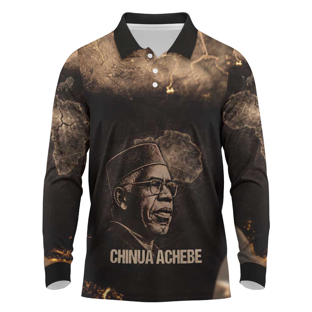 Chinua Achebe Long Sleeve Polo Shirt with Sepia Portrait, Lion Historians Quote and Vintage African Map - African Pride