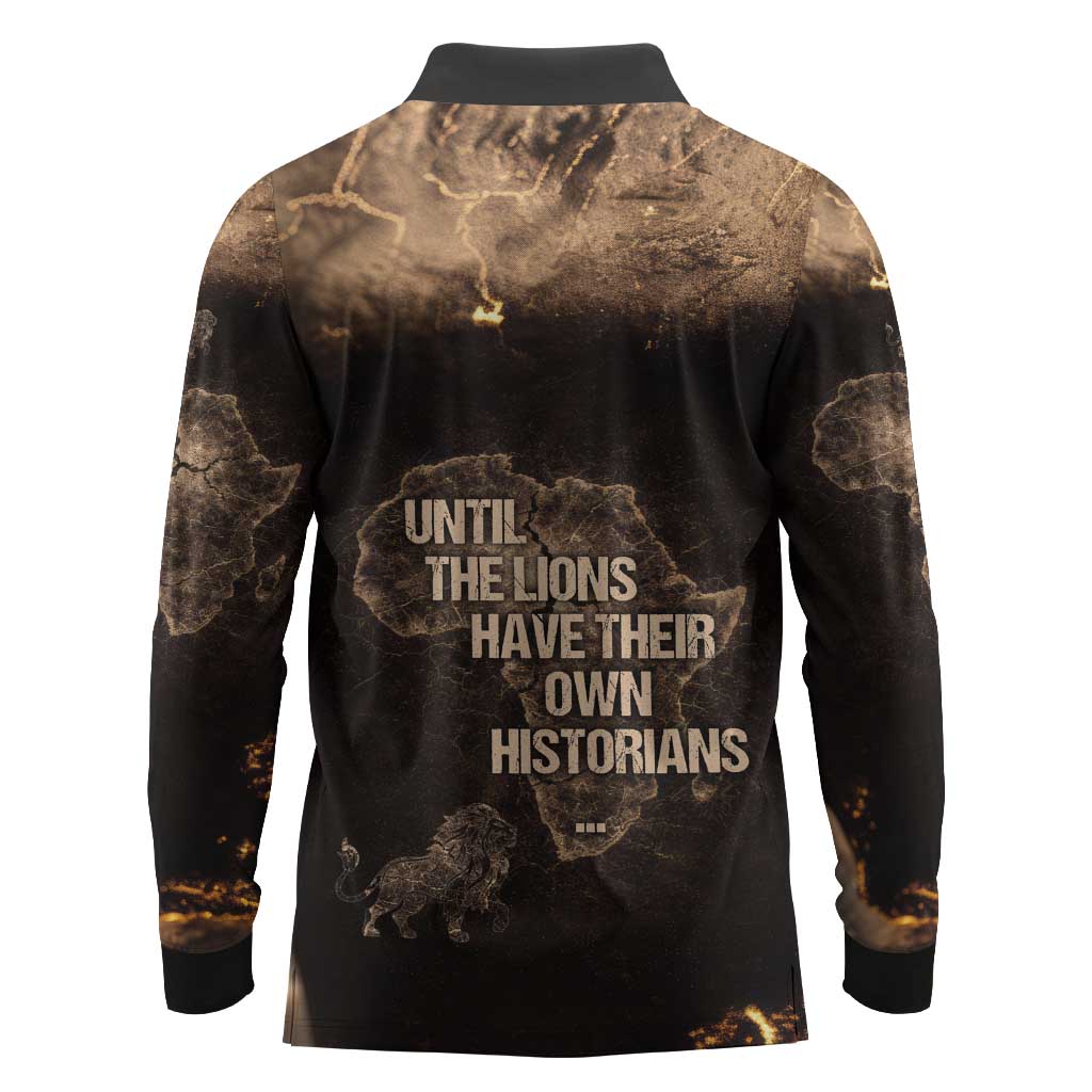 Chinua Achebe Long Sleeve Polo Shirt with Sepia Portrait, Lion Historians Quote and Vintage African Map - African Pride
