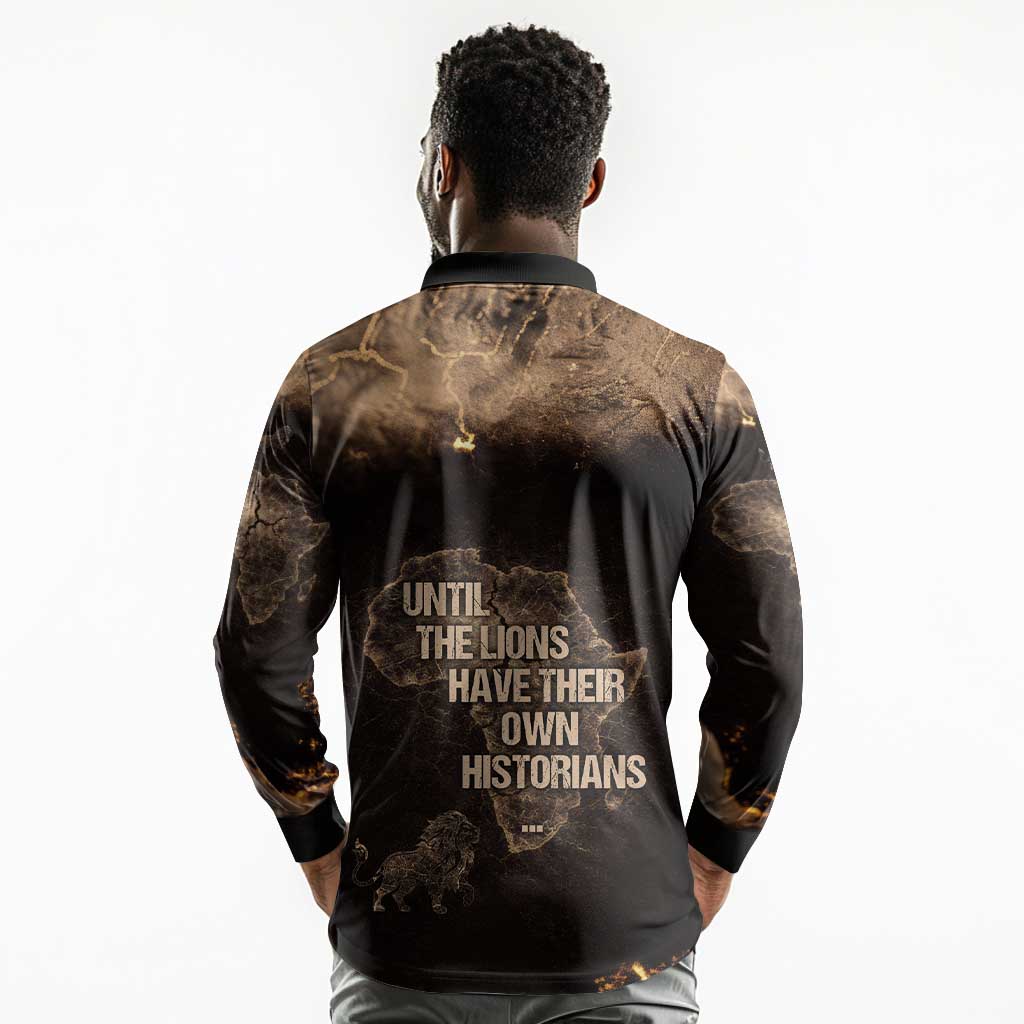 Chinua Achebe Long Sleeve Polo Shirt with Sepia Portrait, Lion Historians Quote and Vintage African Map - African Pride
