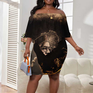 Chinua Achebe Off Shoulder Short Dress with Sepia Portrait, Lion Historians Quote and Vintage African Map - African Pride