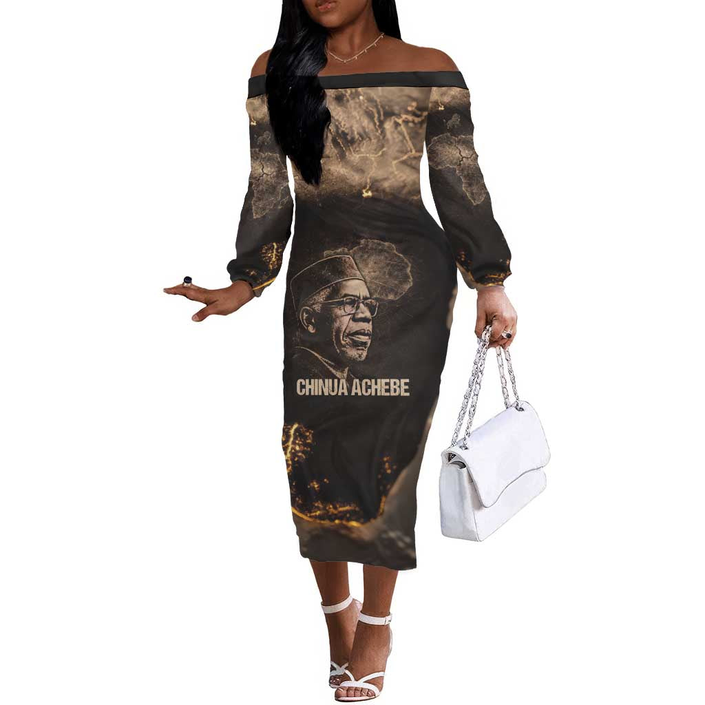 Chinua Achebe Off The Shoulder Long Sleeve Dress with Sepia Portrait, Lion Historians Quote and Vintage African Map - African Pride