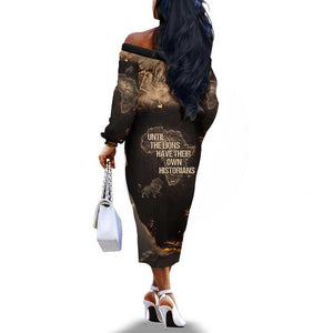 Chinua Achebe Off The Shoulder Long Sleeve Dress with Sepia Portrait, Lion Historians Quote and Vintage African Map - African Pride