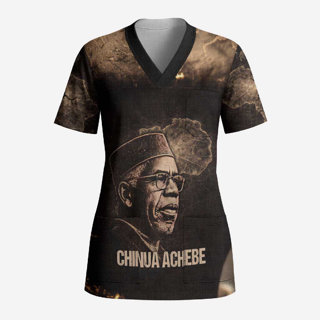 Chinua Achebe Scrub Top with Sepia Portrait, Lion Historians Quote and Vintage African Map - African Pride