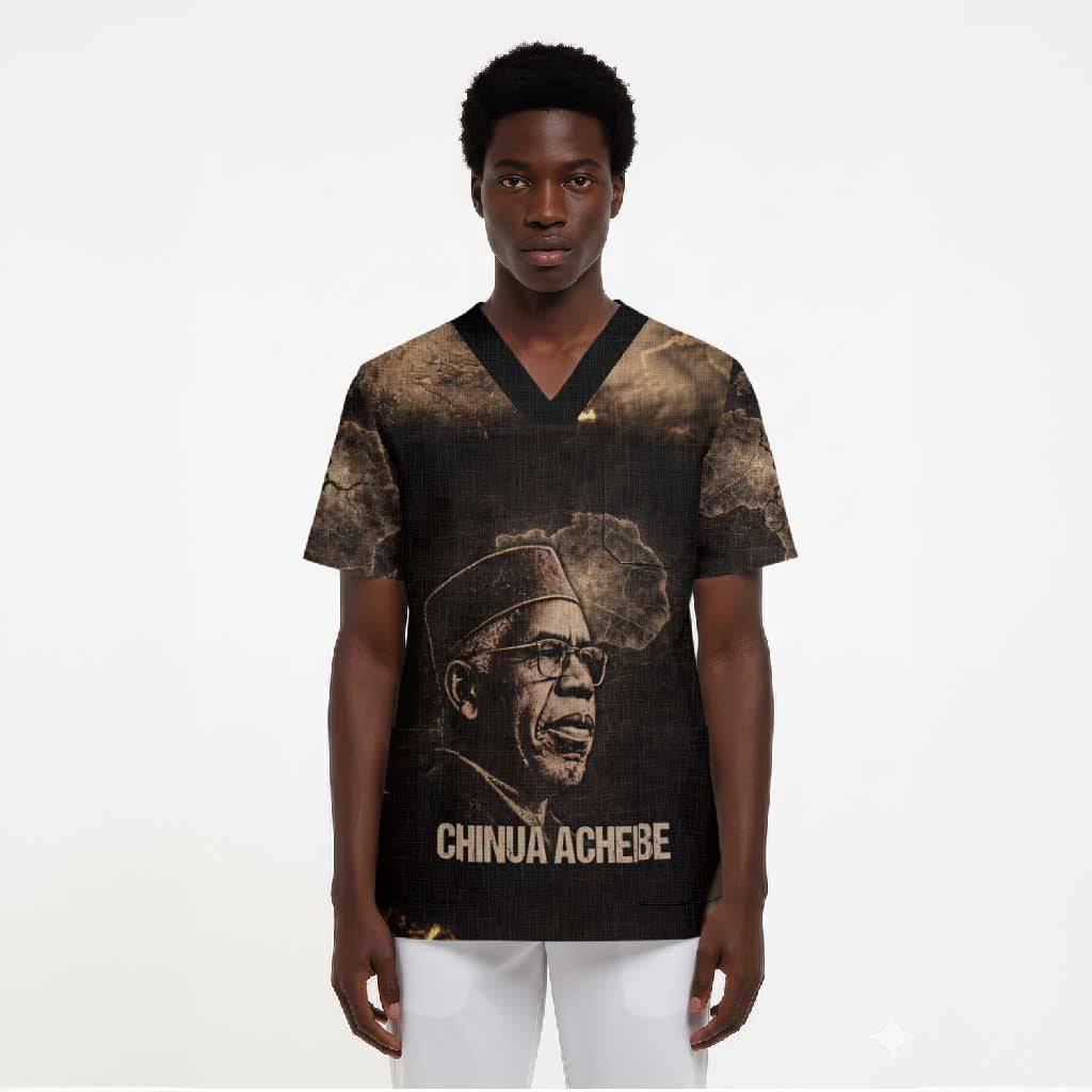 Chinua Achebe Scrub Top with Sepia Portrait, Lion Historians Quote and Vintage African Map - African Pride